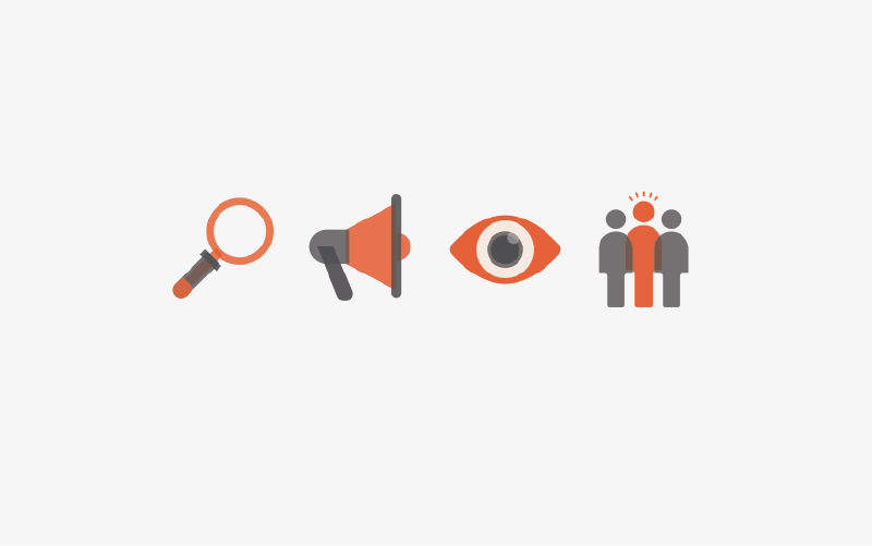 Icons: magnifying glass, speaker, eye, people