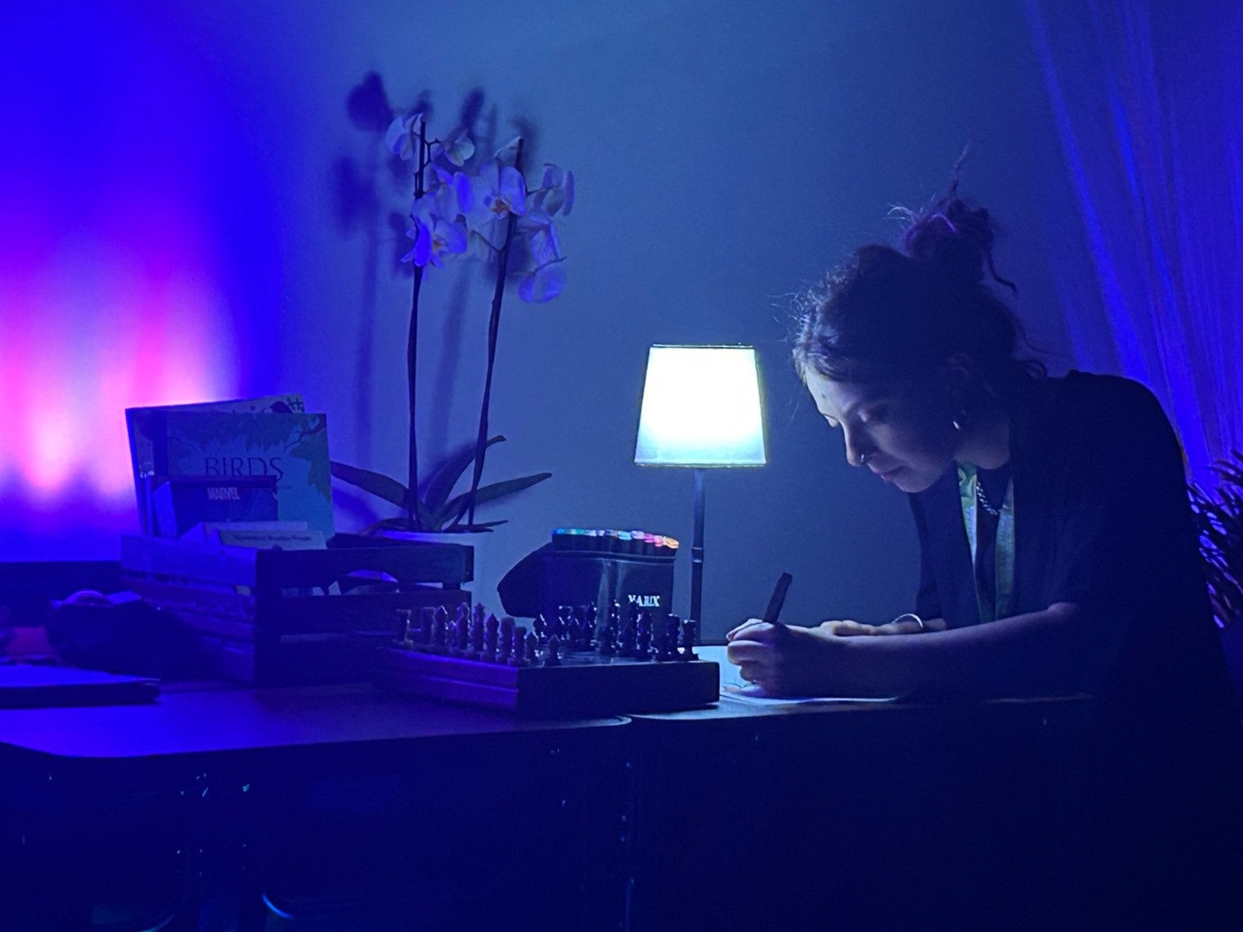 Woman in darkly lit room writing on document