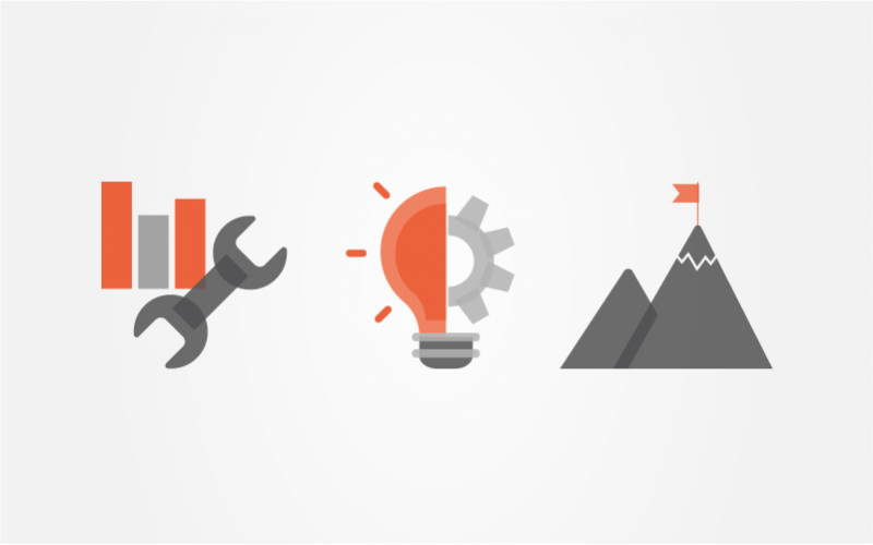 Three icons of a spanner next to a graph, a lightbulb that's half cog, a mountain with a flag at the top