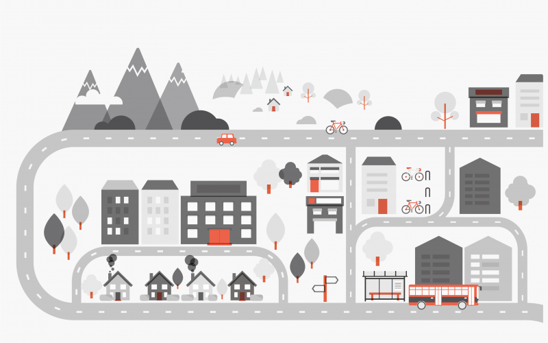 A graphic illustrating a stylised Welsh town. It includes housing, businesses and transport in the form of bicycles and buses, as well as references to the mountains and countryside.