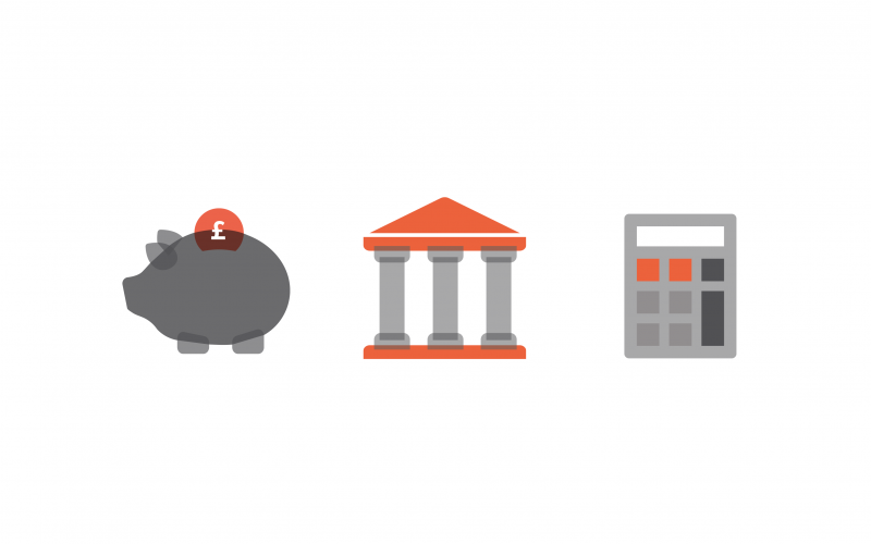 Icon of money bank, bank building and calculator