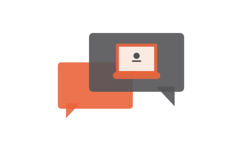stock image representing online conversation with two speech bubbles with one containing a laptop