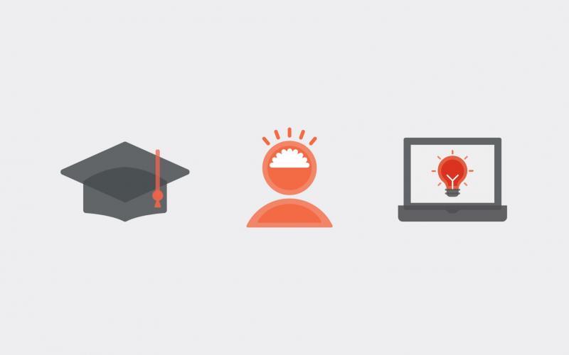 three icons - graduation hat, person and laptop