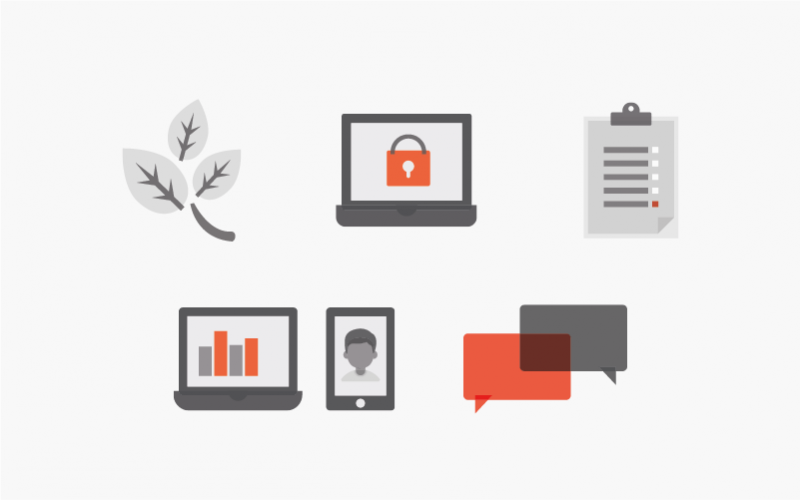 Icons of speech bubbles, technology and nature.