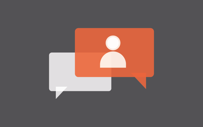 grey background with orange and pale grey speech bubbles with person at centre