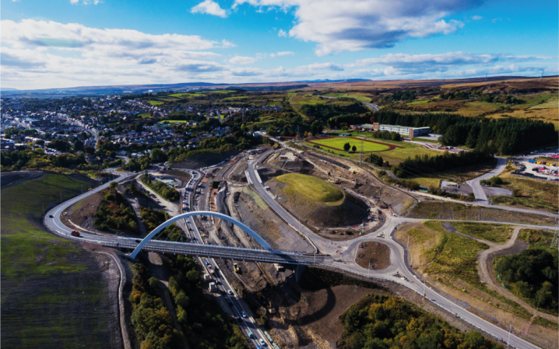 Aerial view of the construction of the A465 road in Wales