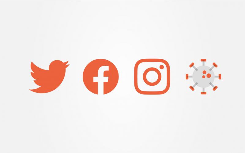 White background and orange social media icons in a row - Twitter, Facebook, Instagram - and an icon of a virus