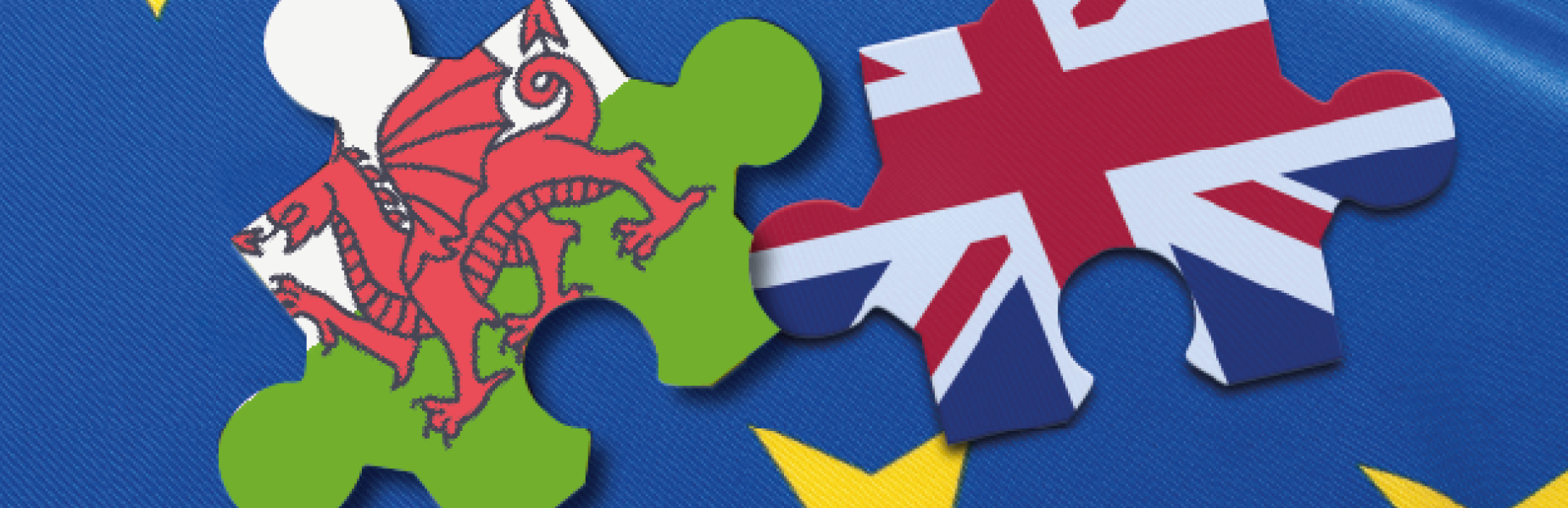 Two puzzle pieces, one featuring a flag of Wales and one featuring the union jack flag, on a blue background