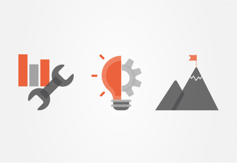 3 icons: graph and spanner, half lightbulb half cog, mountain with flag at the top