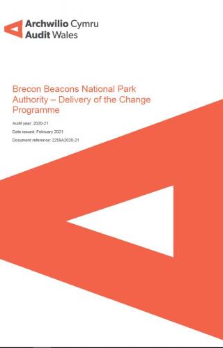 Front cover showing Audit Wales logo for the Delivery of the Change Programme report – Brecon Beacons National Park Authority