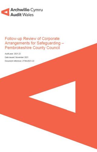 Pembrokeshire County Council – Follow-up Review of Corporate Arrangements for Safeguarding: report cover showing Audit Wales logo