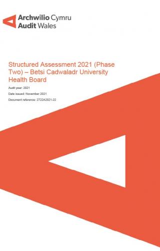 Betsi Cadwaladr University Health Board – Structured Assessment 2021 (Phase Two) – Corporate Governance and Financial Management Arrangements: report cover showing Audit Wales logo